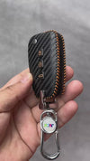 Carbon Fiber Leather Car Key Cover for Hyundai i20, Kona, Verna 3 Button Flip Key - Premium PU Case with Keychain