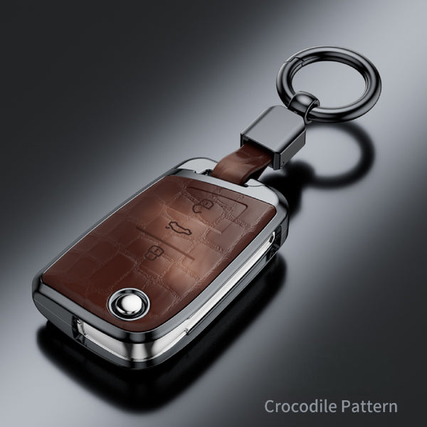 JVCV® Crocodile Pattern ABS Key Cover (Black) with Keychain – Compatible with Skoda & VW Folding Keys