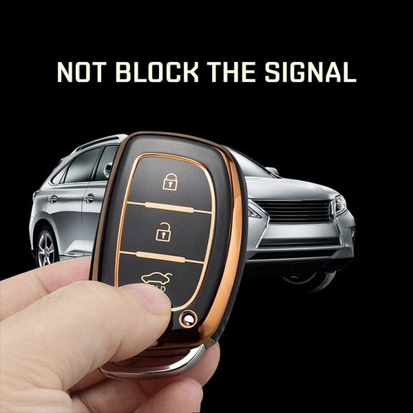 JVCV® Gold Border TPU Key Cover Compatible with Hyundai Creta, i10 Grand, i20 Elite, i20 Active, Xcent, Verna 4s, Tucson, Elantra, Grand i10 Nios 3 Button Smart Key