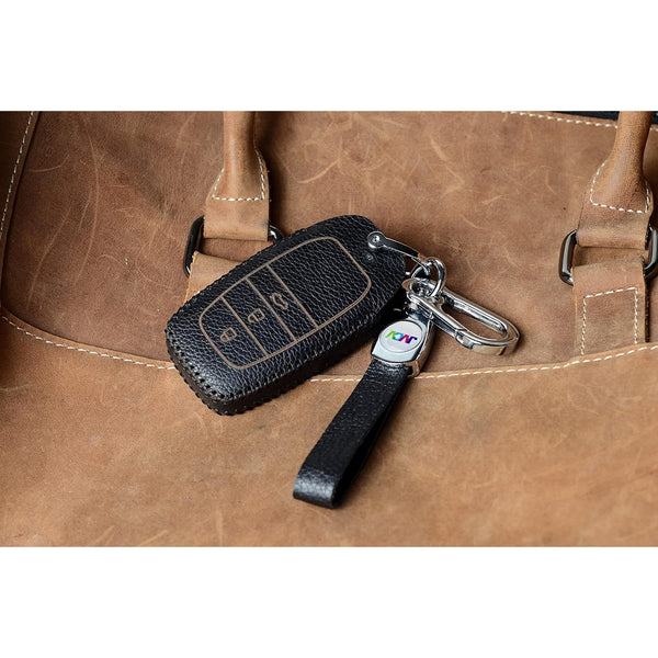 JVCV® Soft Handmade Lychee Pattern Leather Key Cover Compatible with Toyota Innova Crysta Fortuner Legender Hycross Hilux Land Cruiser 3 Button Smart Key