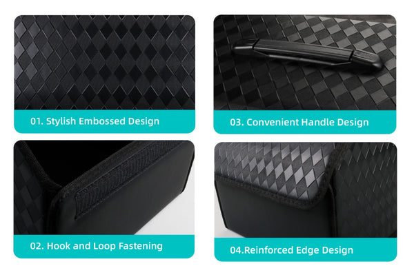 JVCV® Stylish Embossed PU Leather Car Trunk Organizer – Foldable Multipurpose Car Boot Storage Box with Handle